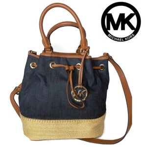 Michael Kors MK Denim Jean Straw Drawstring Bag